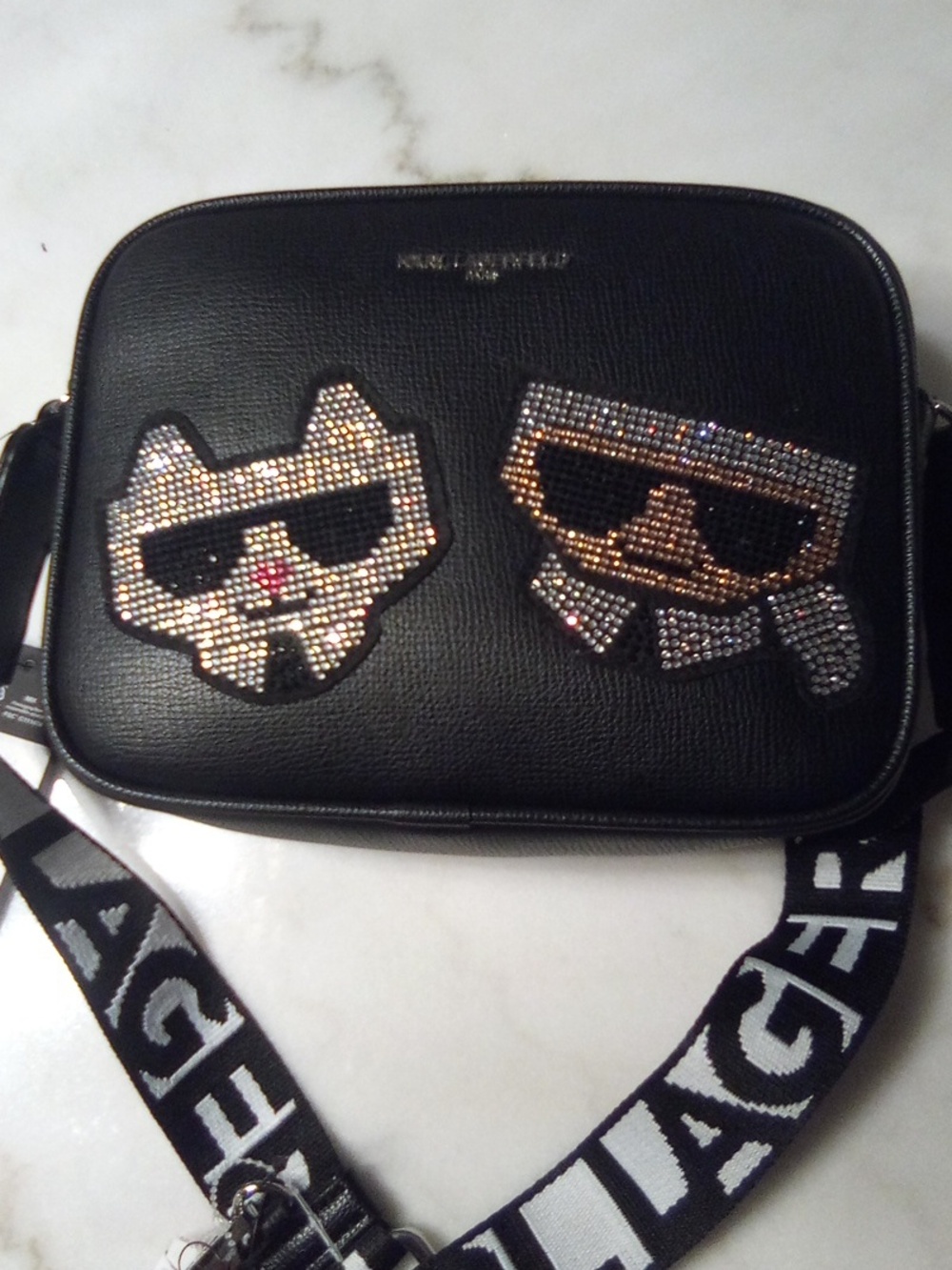 Karl Lagerfeld Black Sequined Cartoon Crossbody Purse